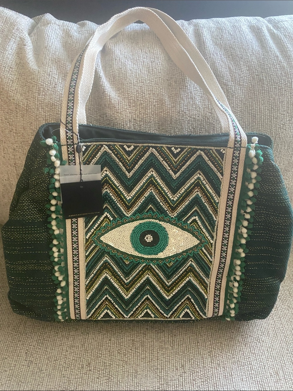 American & Beyond Evil Eye Beaded Weekender Tote Bag Green Gold Oversized